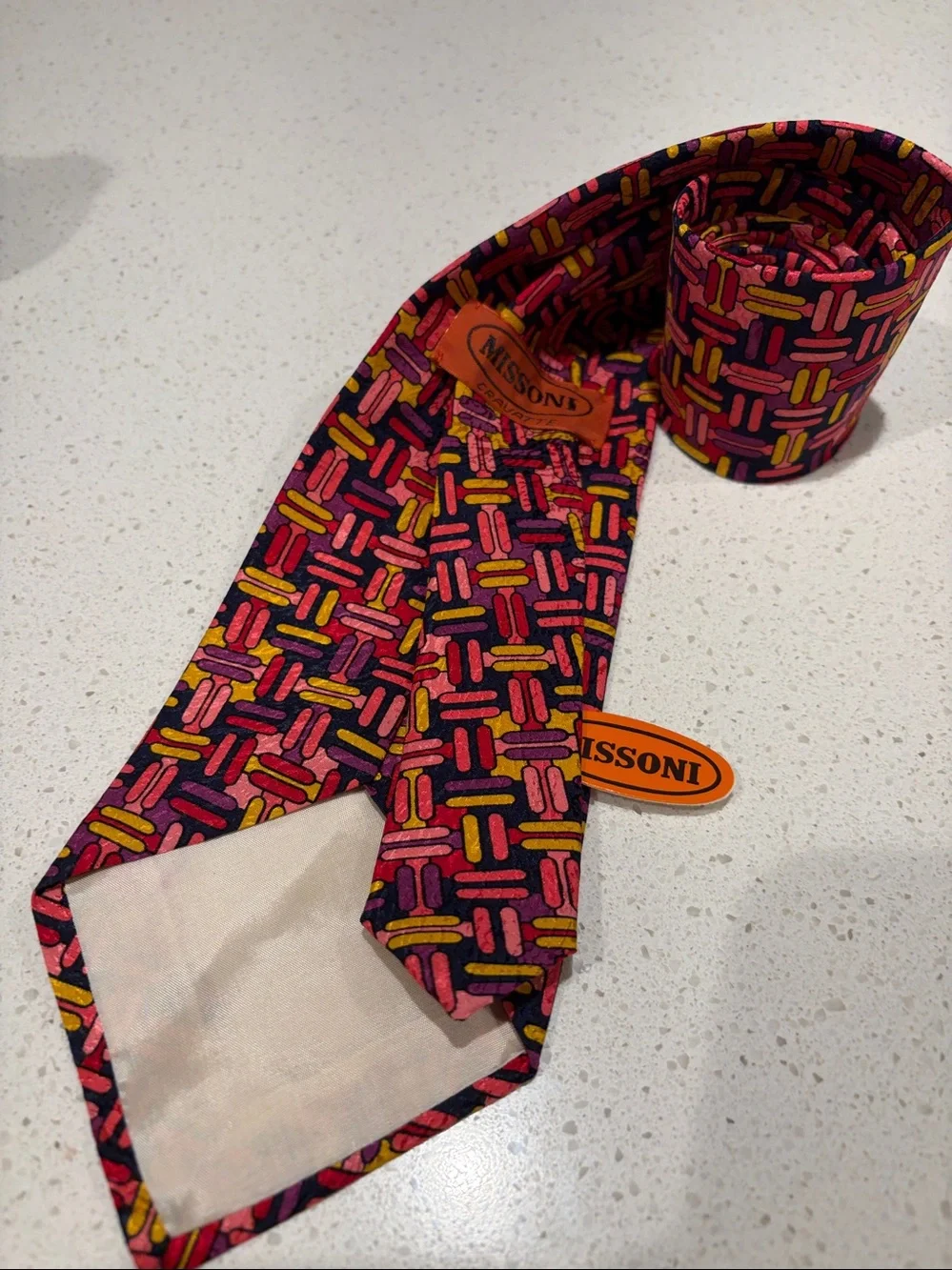 NWT - Missoni Men's Silk Tie in Pink, Red, Yellow & Purple Geometric Pattern